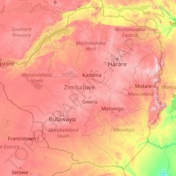Topografische kaart Zimbabwe, hoogte, reliëf