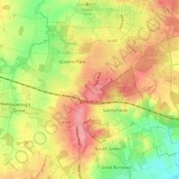 Topografische kaart Billericay, hoogte, reliëf