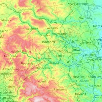 Topografische kaart West Yorkshire, hoogte, reliëf