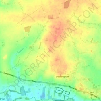 Topografische kaart Bressingham, hoogte, reliëf