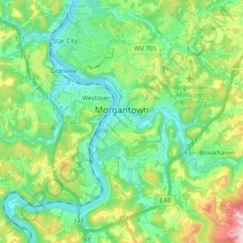 Topografische kaart Morgantown, hoogte, reliëf
