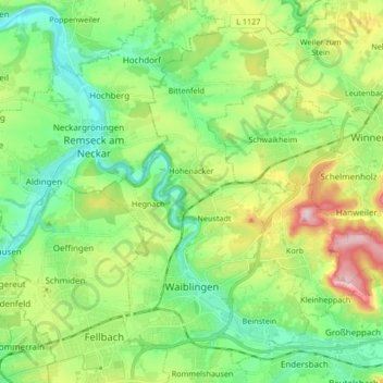Topografische kaart Waiblingen, hoogte, reliëf