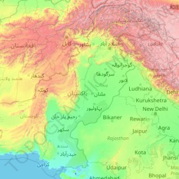 Topografische kaart Pakistan, hoogte, reliëf