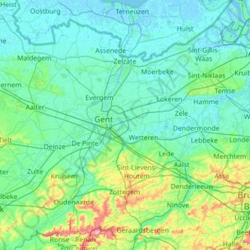 Topografische kaart Oost-Vlaanderen, hoogte, reliëf