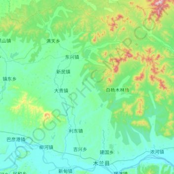 Topografische kaart Mulan County, hoogte, reliëf