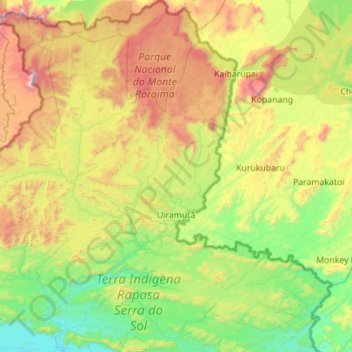 Topografische kaart Uiramutã, hoogte, reliëf