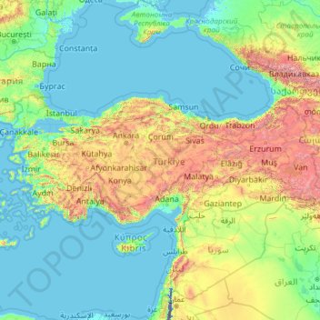 Topografische kaart Turkije, hoogte, reliëf