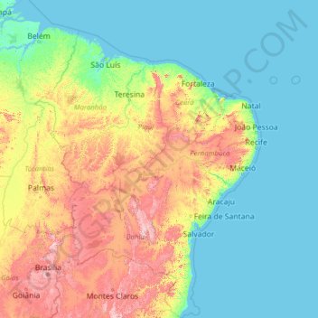 Topografische kaart Região Nordeste, hoogte, reliëf