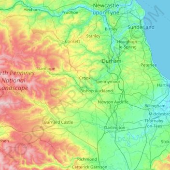 Topografische kaart County Durham, hoogte, reliëf