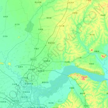 Topografische kaart Hulan, hoogte, reliëf