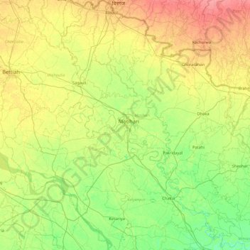 Topografische kaart East Champaran District, hoogte, reliëf
