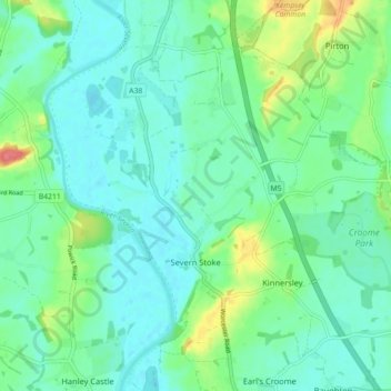 Topografische kaart Severn Stoke, hoogte, reliëf