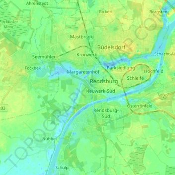 Topografische kaart Rendsburg, hoogte, reliëf
