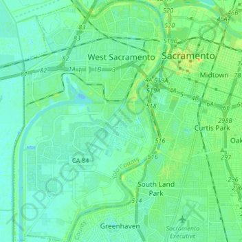 Topografische kaart West Sacramento, hoogte, reliëf