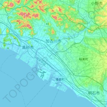 Topografische kaart 加古川市, hoogte, reliëf
