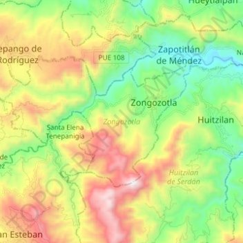 Topografische kaart Zongozotla, hoogte, reliëf