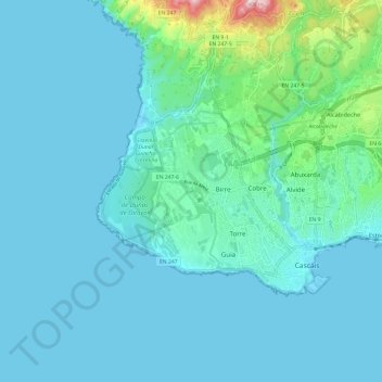 Topografische kaart Cascais e Estoril, hoogte, reliëf