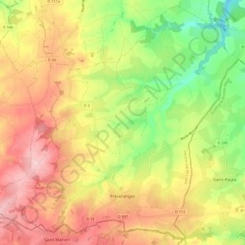 Topografische kaart Préveranges, hoogte, reliëf