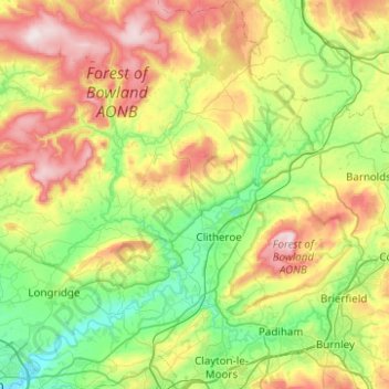 Topografische kaart Ribble Valley, hoogte, reliëf