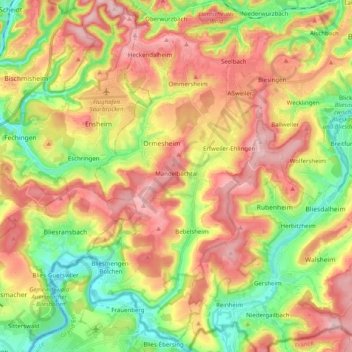 Topografische kaart Mandelbachtal, hoogte, reliëf