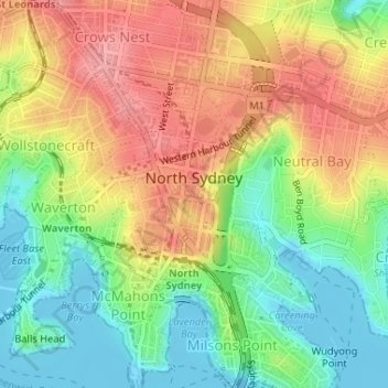 Topografische kaart North Sydney, hoogte, reliëf