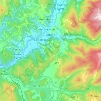 Topografische kaart Arrone, hoogte, reliëf