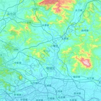Topografische kaart 增城区, hoogte, reliëf