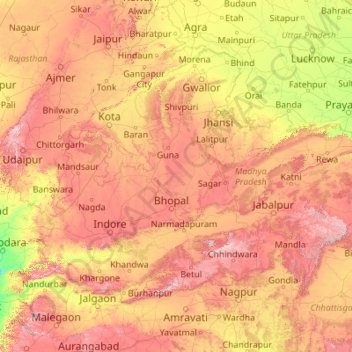 Topografische kaart Madhya Pradesh, hoogte, reliëf
