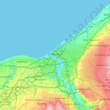 Topografische kaart Cleveland, hoogte, reliëf
