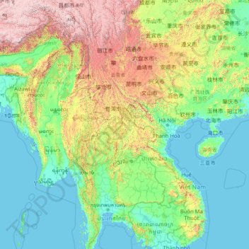 Topografische kaart Mekong, hoogte, reliëf