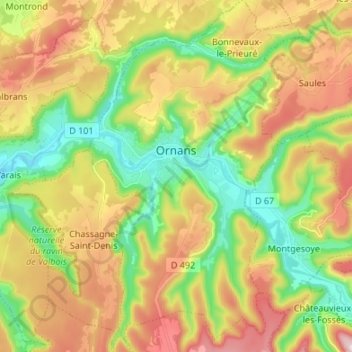 Topografische kaart Ornans, hoogte, reliëf