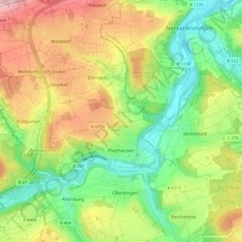 Topografische kaart Pliezhausen, hoogte, reliëf