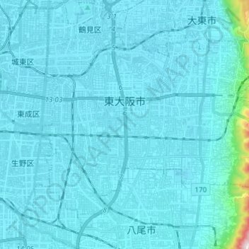 Topografische kaart 東大阪市, hoogte, reliëf