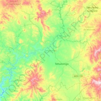 Topografische kaart Tehuitzingo, hoogte, reliëf