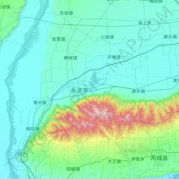 Topografische kaart 永济市, hoogte, reliëf
