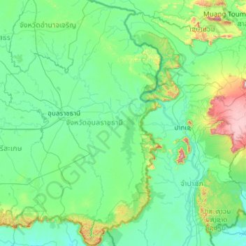 Topografische kaart จังหวัดอุบลราชธานี, hoogte, reliëf