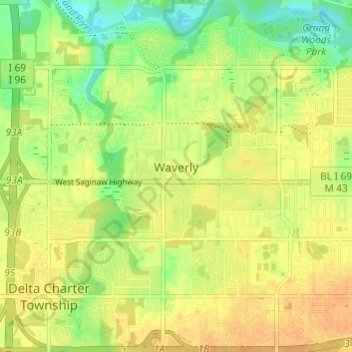 Topografische kaart Waverly, hoogte, reliëf