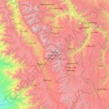 Topografische kaart Nationaal Park Huascarán, hoogte, reliëf