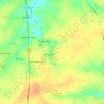 Topografische kaart Wetheringsett-cum-Brockford, hoogte, reliëf