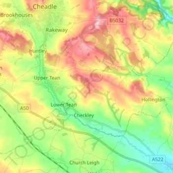 Topografische kaart Checkley, hoogte, reliëf