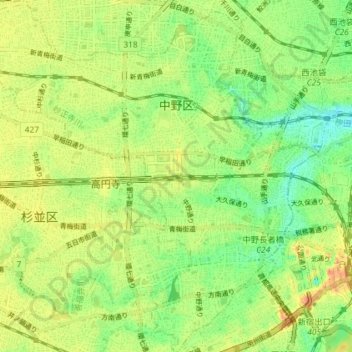 Topografische kaart 中野区, hoogte, reliëf