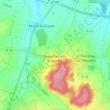 Topografische kaart Bazoches-sur-Guyonne, hoogte, reliëf