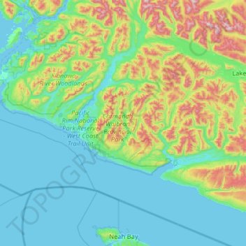 Topografische kaart Area F (Cowichan Lake South / Skutz Falls), hoogte, reliëf