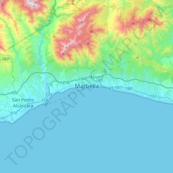 Topografische kaart Marbella, hoogte, reliëf