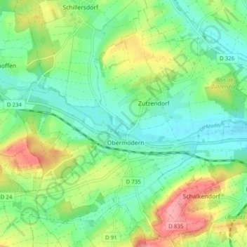 Topografische kaart Obermodern-Zutzendorf, hoogte, reliëf