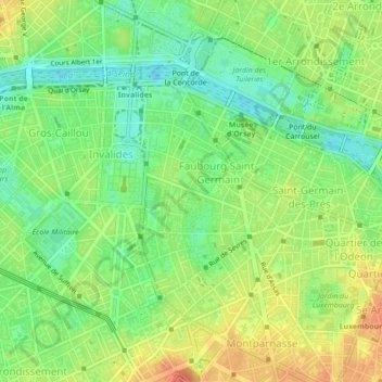 Topografische kaart Paris 7e Arrondissement, hoogte, reliëf