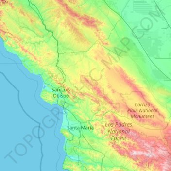 Topografische kaart San Luis Obispo County, hoogte, reliëf