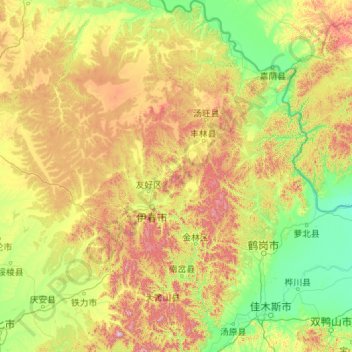 Topografische kaart 伊春市, hoogte, reliëf