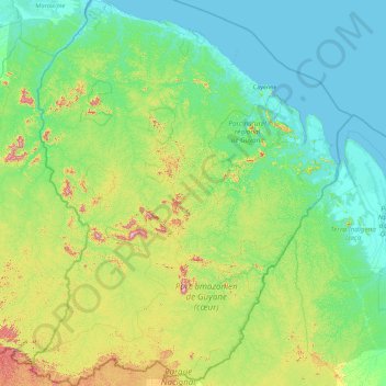 Topografische kaart Französisch-Guayana, hoogte, reliëf