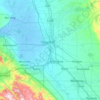 Topografische kaart San Joaquin County, hoogte, reliëf